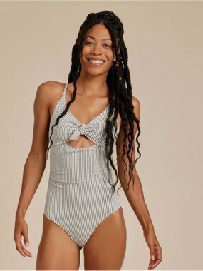 Rylee + Cru Gray and White Striped One-Piece Swimsuit